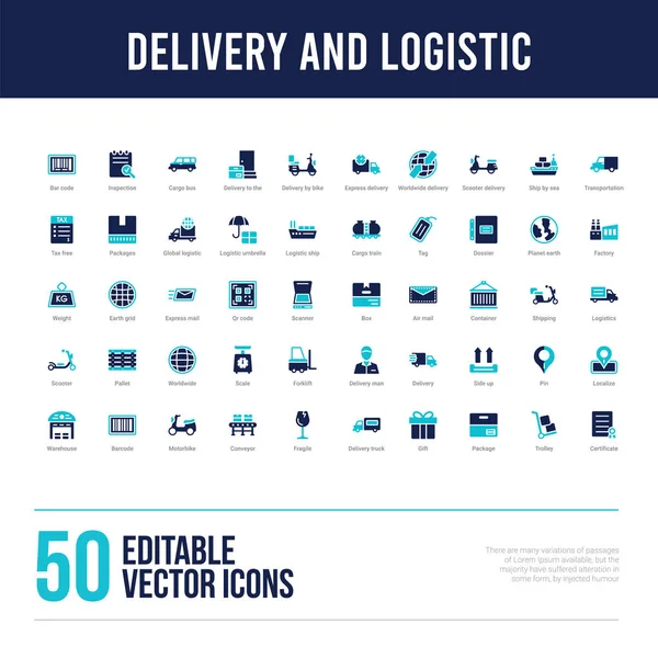 50 iconos llenos de entrega y concepto logístico — Archivo Imágenes Vectoriales