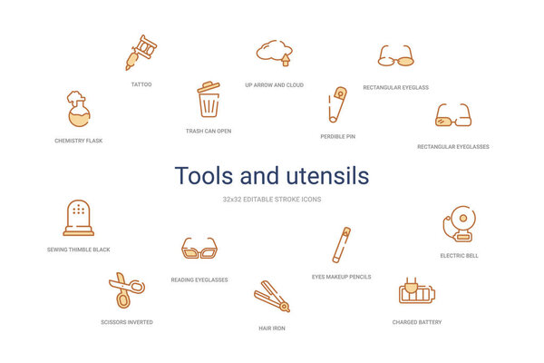 Концепция инструментов и посуды 14 красочных значков контуров. 2 цвета
