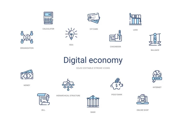 Digital economy concept 14 colorful outline icons. 2 color blue — Stock Vector