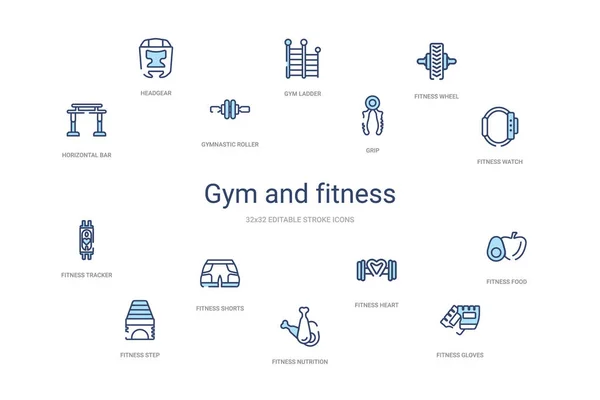 Gimnasio y fitness concepto 14 iconos de contorno de colores. 2 color azul — Vector de stock
