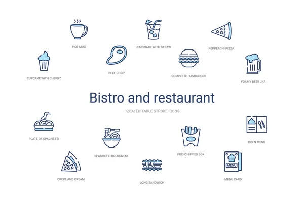 Concepto de restaurante y bistró 14 iconos de contorno de colores. 2 colores — Archivo Imágenes Vectoriales