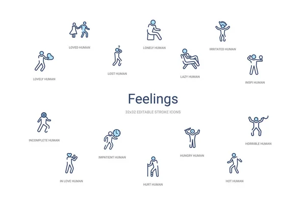 Concepto de sentimientos 14 iconos de contorno de colores. 2 color azul trazo — Vector de stock