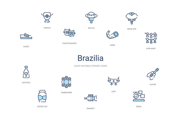 Концепція бразилії 14 барвистих контурів піктограм. 2 кольоровий синій хід — стоковий вектор