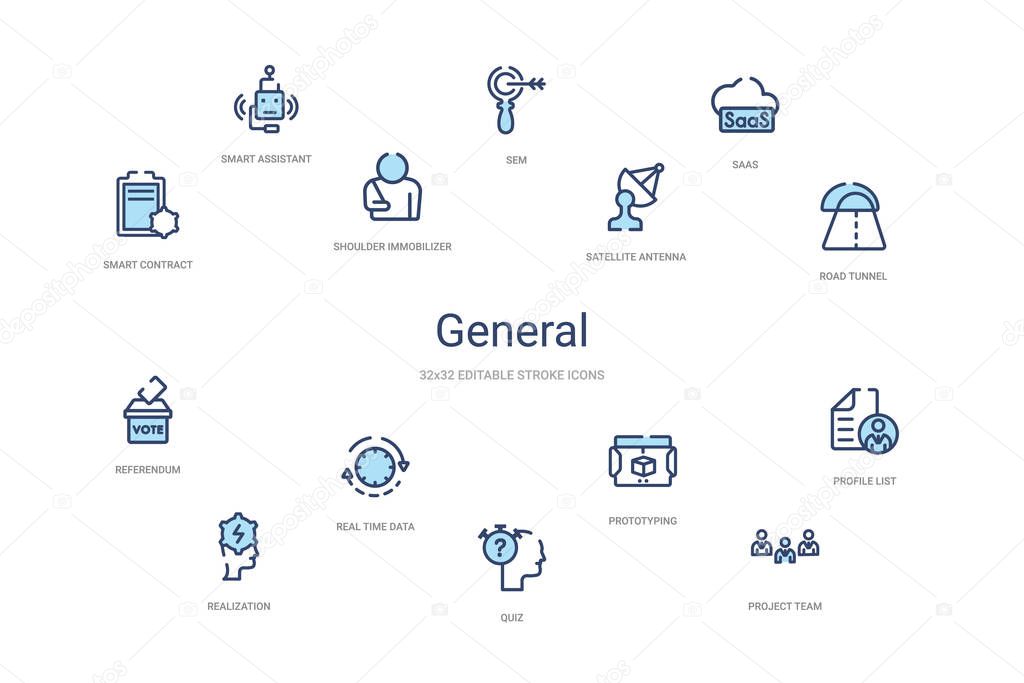 general concept 14 colorful outline icons. 2 color blue stroke i