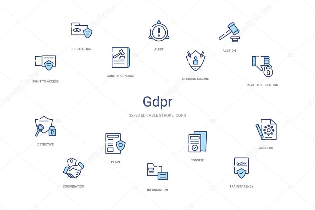 gdpr concept 14 colorful outline icons. 2 color blue stroke icon