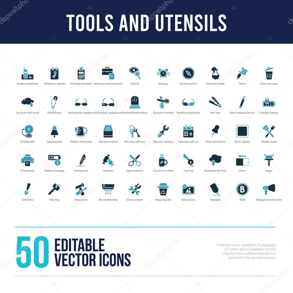 50 tools and utensils concept filled icons