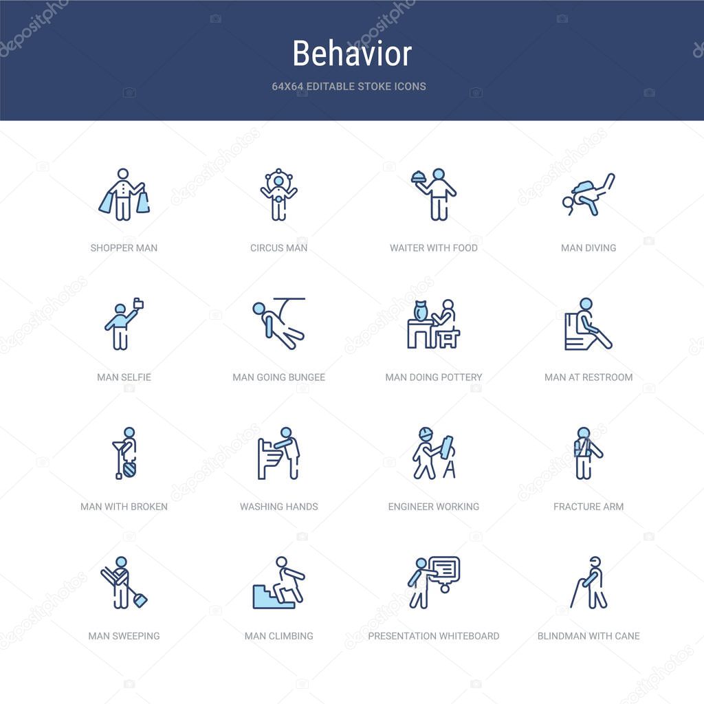 set of 16 vector stroke icons such as blindman with cane, presen