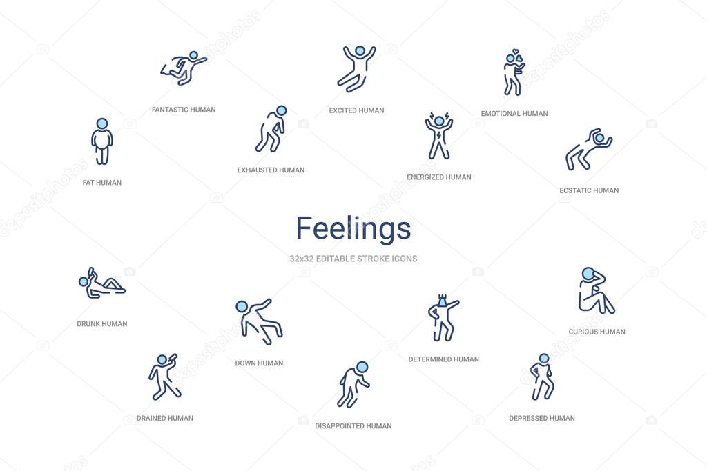 feelings concept 14 colorful outline icons. 2 color blue stroke 