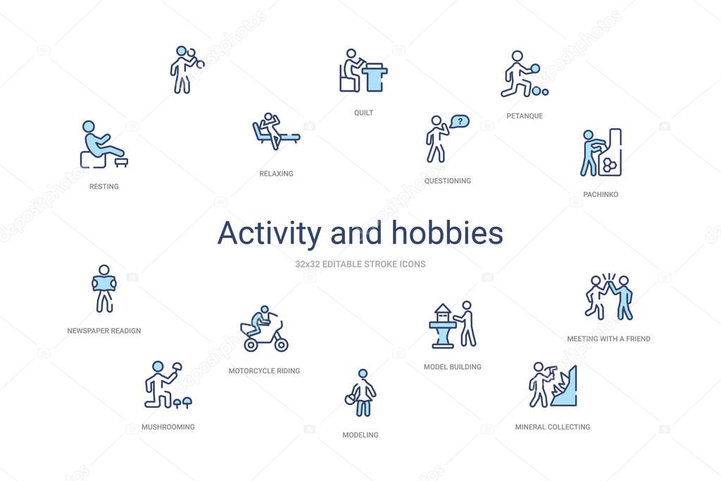 activity and hobbies concept 14 colorful outline icons. 2 color 