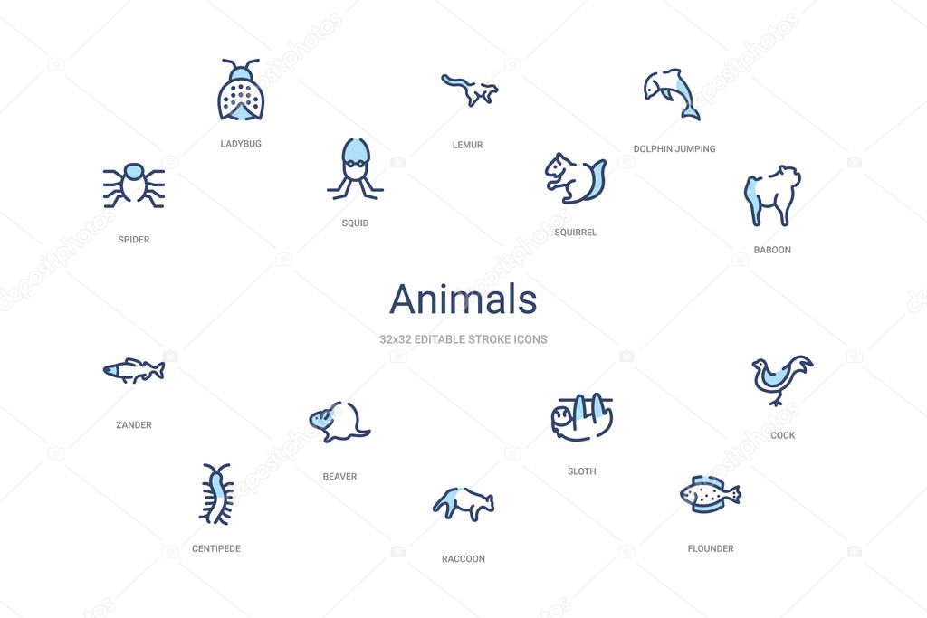 Animals concept 14 colorful outline icons. 2 color blue stroke icons