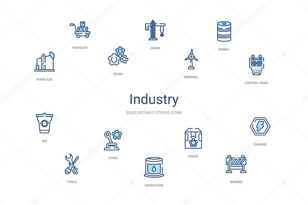 industry concept 14 colorful outline icons. 2 color blue stroke 