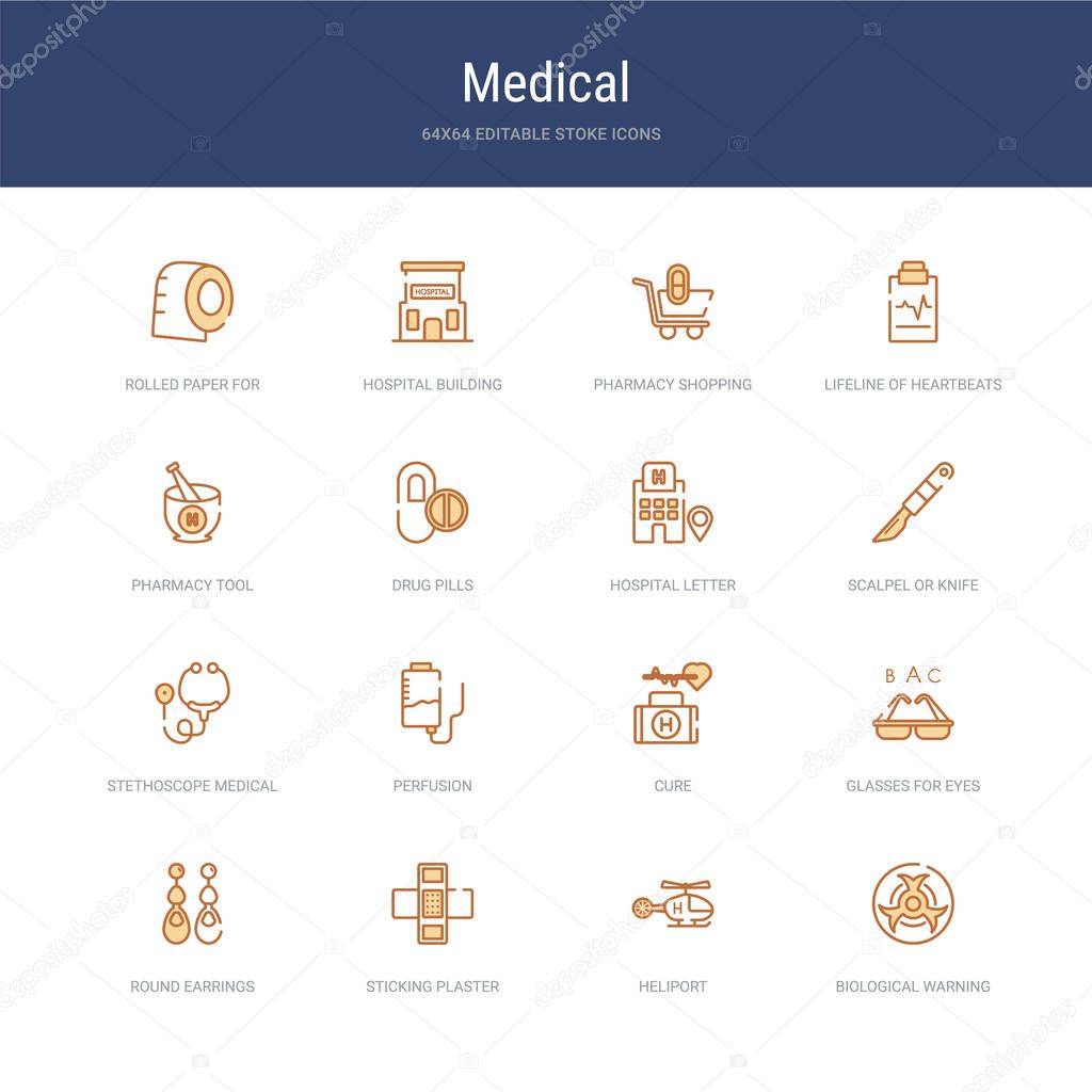 set of 16 vector stroke icons such as biological warning, helipo