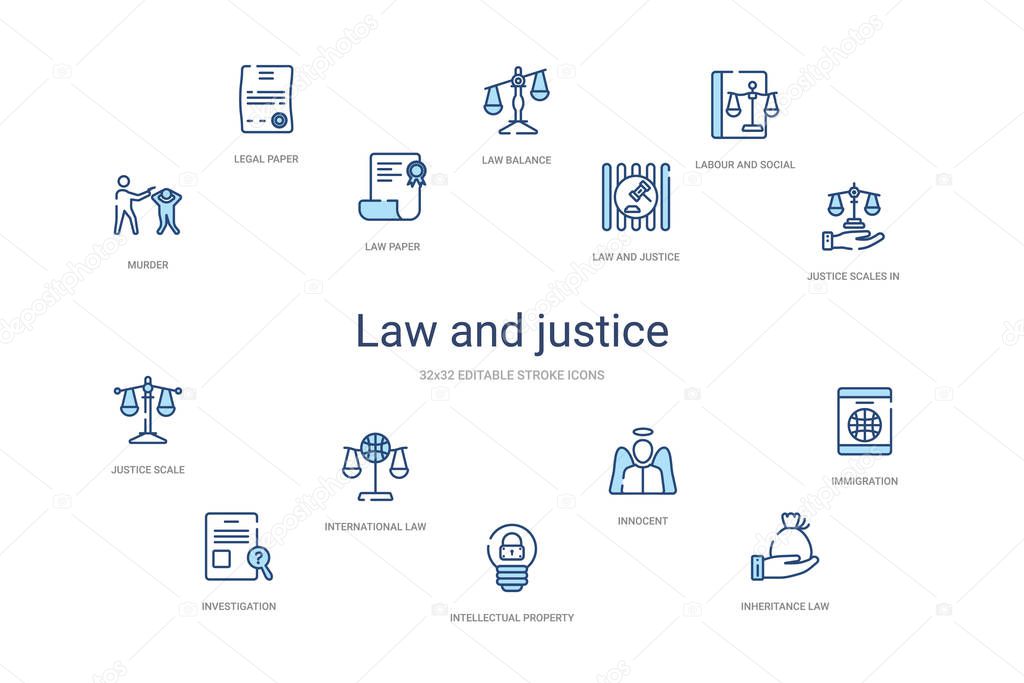 law and justice concept 14 colorful outline icons. 2 color blue 