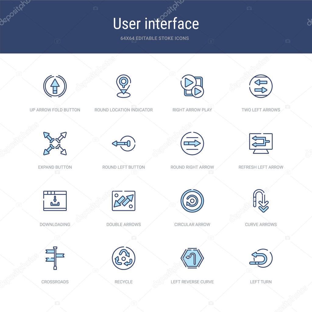 Set of 16 vector stroke icons such as left turn, left reverse curve, recycle, crossroads, curve arrows, circular arrow from user interface concept. can be used for web, logo, ui\u002fux