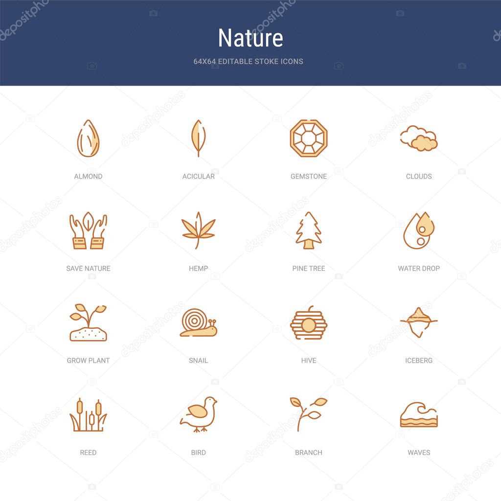 set of 16 vector stroke icons such as waves, branch, bird, reed,