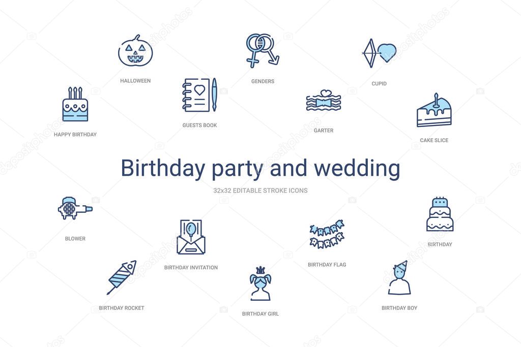 birthday party and wedding concept 14 colorful outline icons. 2 