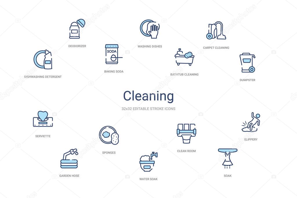 cleaning concept 14 colorful outline icons. 2 color blue stroke 