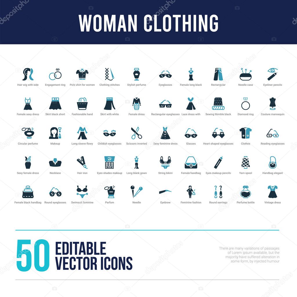 50 woman clothing concept filled icons