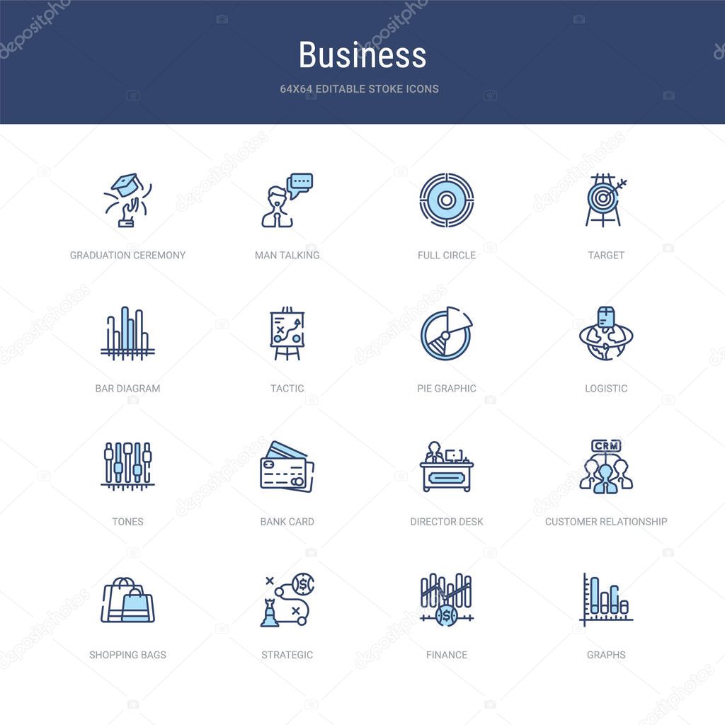 set of 16 vector stroke icons such as graphs, finance, strategic