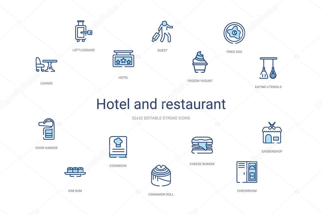 Hotel and restaurant concept 14 colorful outline icons. 2 color blue stroke icons
