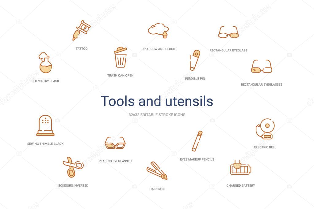 tools and utensils concept 14 colorful outline icons. 2 color bl