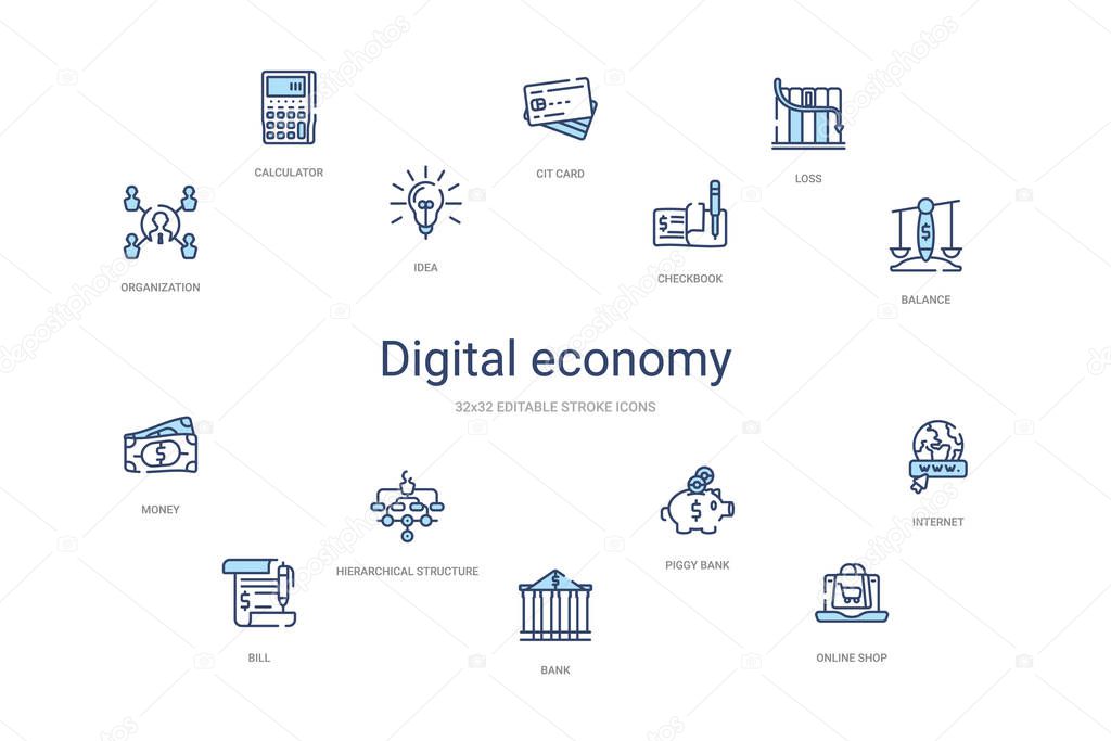 digital economy concept 14 colorful outline icons. 2 color blue 