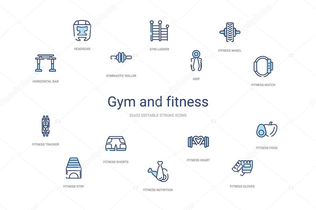Gym and fitness concept 14 colorful outline icons. 2 color blue stroke icons