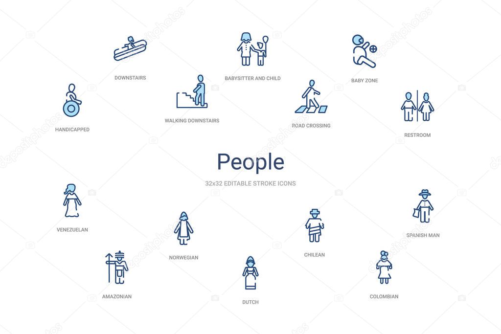 people concept 14 colorful outline icons. 2 color blue stroke ic