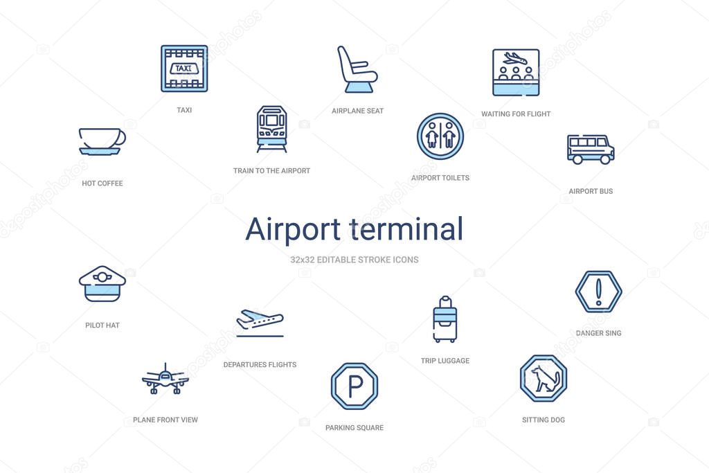 airport terminal concept 14 colorful outline icons. 2 color blue