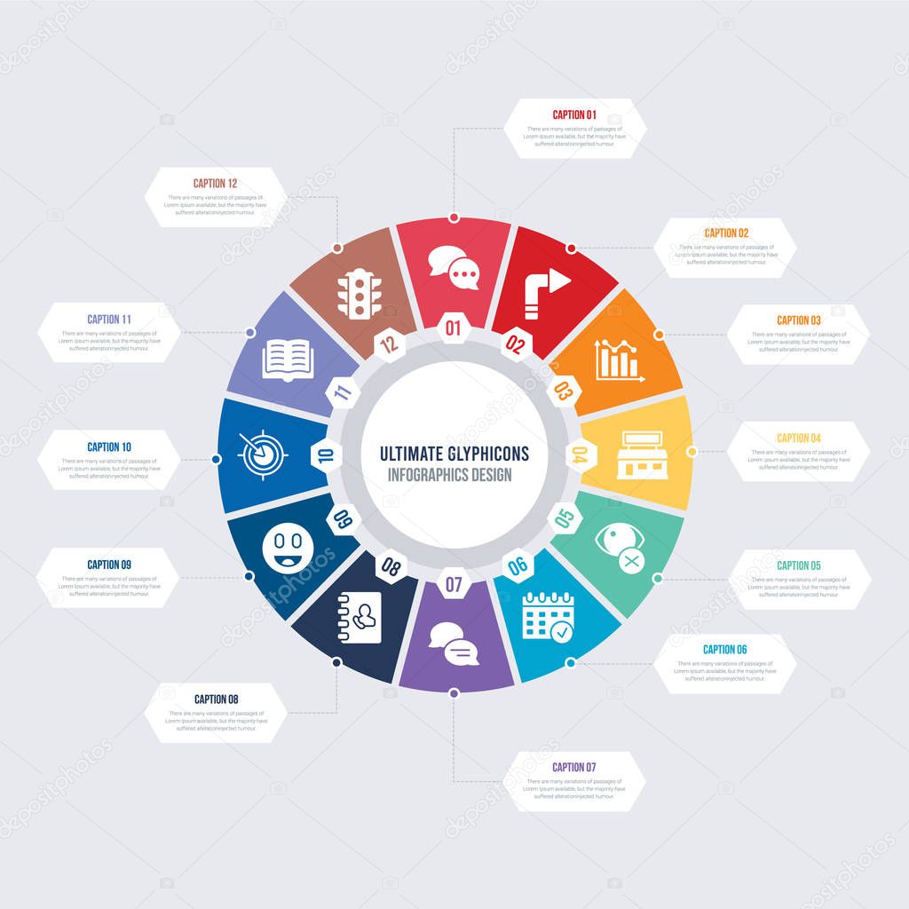 Round 12 options ultimate glyphicons infographic template design. big traffic light, reading, target with circle, smiling face, call contact, message ballon vector icons