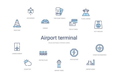 Havaalanı terminali kavramı 14 renkli taslak simgeleri. 2 renk mavi