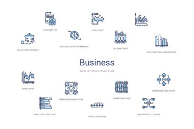 business concept 14 colorful outline icons. 2 color blue stroke  clipart