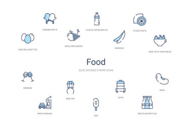 food concept 14 colorful outline icons. 2 color blue stroke icon clipart