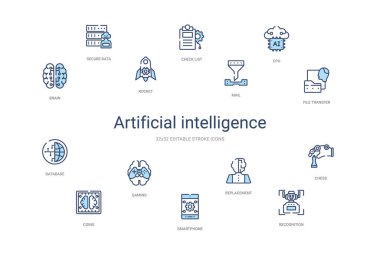 Yapay zeka konsepti 14 renkli taslak simgesi. 2 sütun