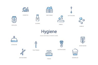 Hijyen konsepti 14 renkli taslak simgeleri. 2 renk mavi vuruş!