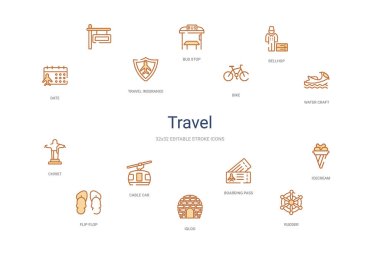 seyahat konsepti 14 renkli taslak simgeleri. 2 renk mavi kulaç