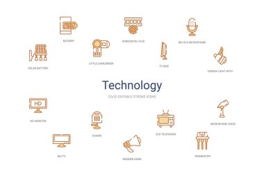 Teknoloji konsepti 14 renkli taslak simgeleri. 2 renk mavi vuruş