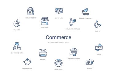 Ticaret konsepti 14 renkli taslak simgeleri. 2 renk mavi vuruş 