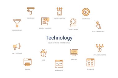 Teknoloji konsepti 14 renkli taslak simgeleri. 2 renk mavi vuruş