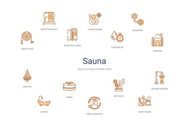 Sauna konsepti 14 renkli taslak simgeleri. 2 renk mavi vuruş ico