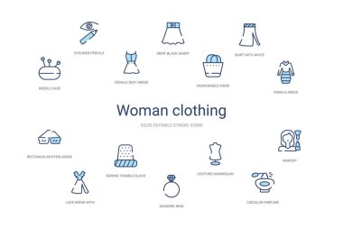 Kadın giyimi konsepti 14 renkli taslak simgeleri. 2 renk mavi s