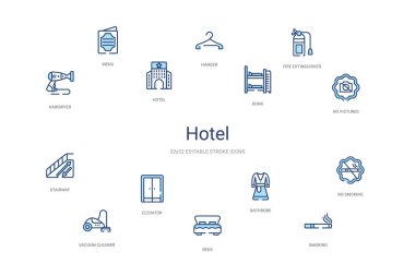 Otel konsepti 14 renkli taslak simgeleri. 2 renk mavi vuruş ico