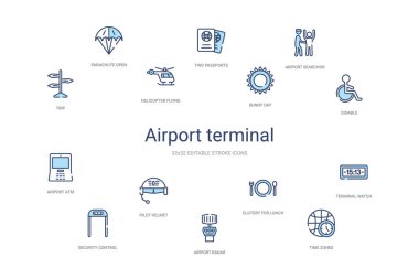 Havaalanı terminali kavramı 14 renkli taslak simgeleri. 2 renk mavi