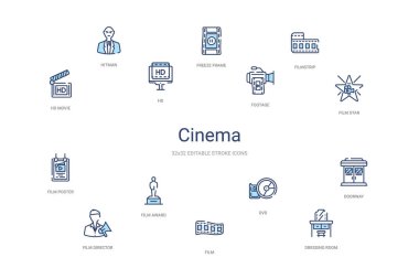 Sinema konsepti 14 renkli taslak simgeleri. 2 renk mavi kulaç