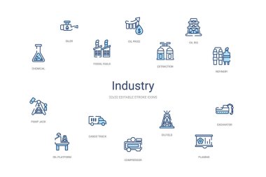 Endüstri konsepti 14 renkli taslak simgeleri. 2 renk mavi vuruş 