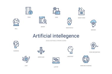 Yapay zeka kavramı 14 renkli taslak simgesi. 2 sütun
