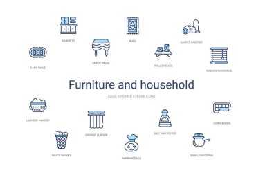 Mobilya ve ev konsepti 14 renkli taslak simgeleri. 2 sütun