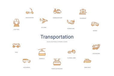 ulaşım konsepti 14 renkli taslak simgeleri. 2 renk mavi s