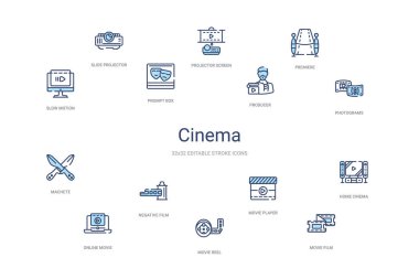Sinema konsepti 14 renkli taslak simgeleri. 2 renk mavi kulaç