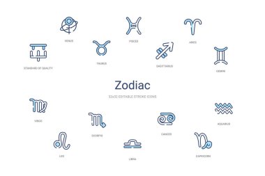 Zodiac konsepti 14 renkli taslak simgeleri. 2 renk mavi kulaç